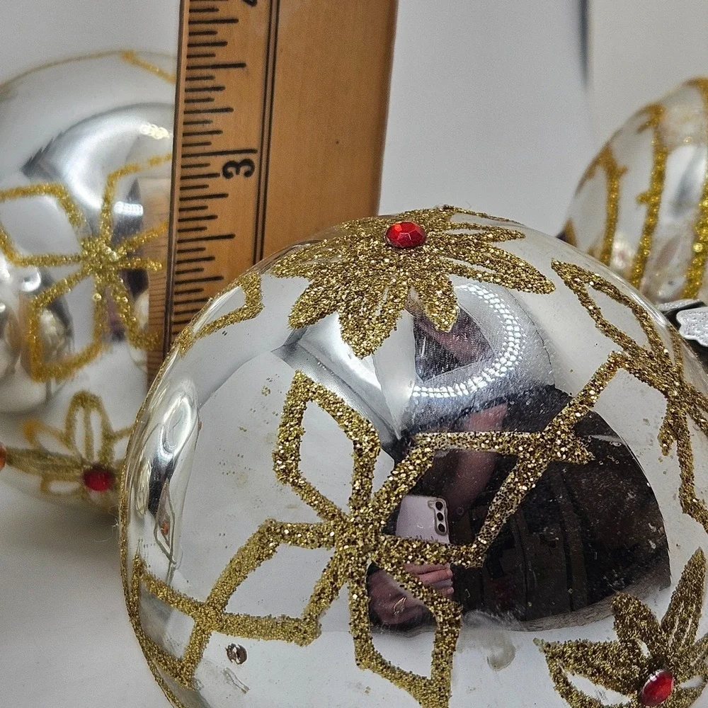 Vintage Glass Christmas Ornaments Lot of 4 Gold Glitter Jeweled Balls